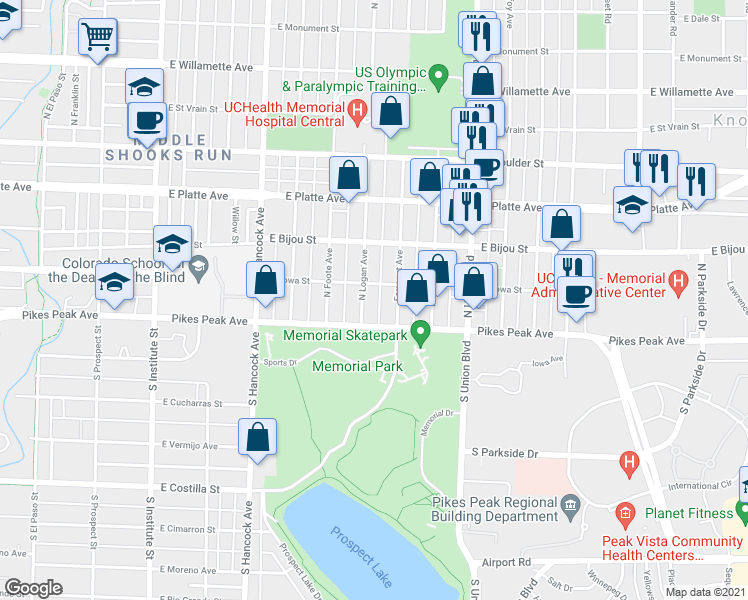 map of restaurants, bars, coffee shops, grocery stores, and more near 1502 East Pikes Peak Avenue in Colorado Springs