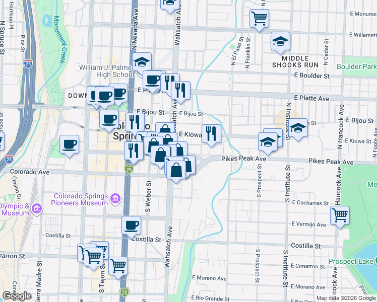 map of restaurants, bars, coffee shops, grocery stores, and more near 425 East Pikes Peak Avenue in Colorado Springs