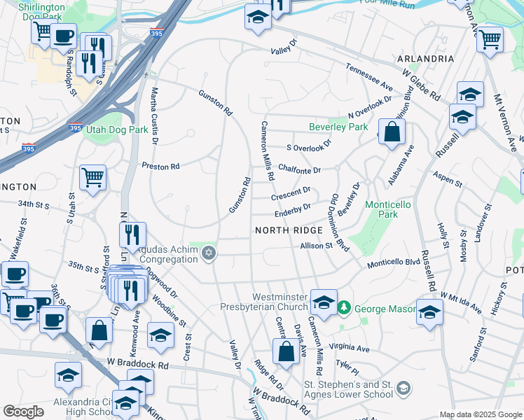 map of restaurants, bars, coffee shops, grocery stores, and more near 909 Enderby Drive in Alexandria