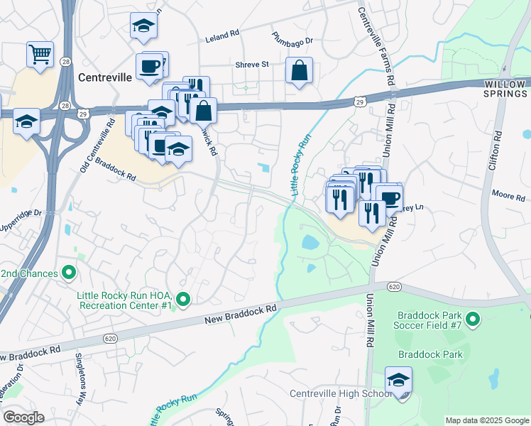 map of restaurants, bars, coffee shops, grocery stores, and more near 5819 Waterdale Court in Centreville