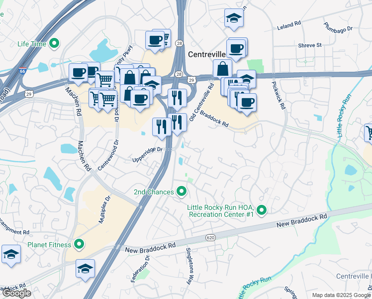 map of restaurants, bars, coffee shops, grocery stores, and more near 14015 Sawteeth Way in Centreville