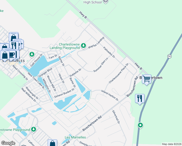 map of restaurants, bars, coffee shops, grocery stores, and more near 2664 Highway B in Saint Charles