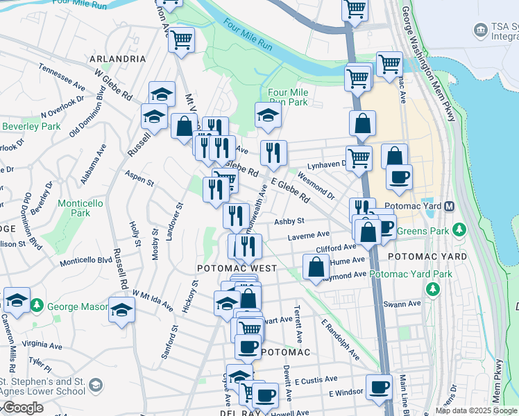 map of restaurants, bars, coffee shops, grocery stores, and more near 3303 Commonwealth Avenue in Alexandria