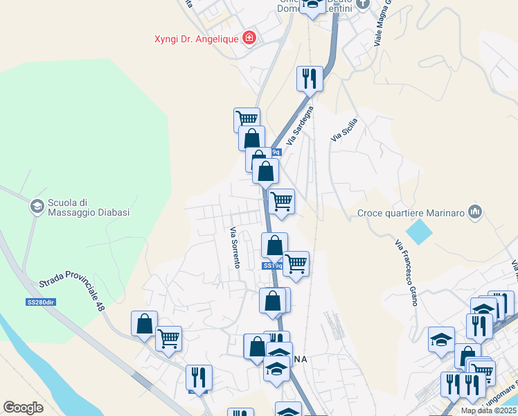 map of restaurants, bars, coffee shops, grocery stores, and more near 10A Via Ancona in Catanzaro