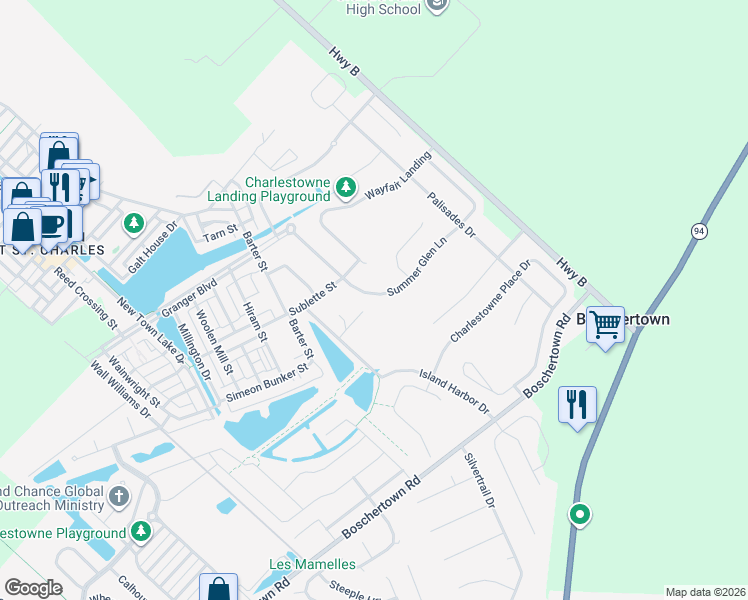 map of restaurants, bars, coffee shops, grocery stores, and more near Merten Crossing Street in Saint Charles