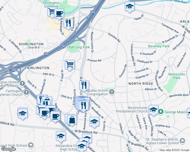 map of restaurants, bars, coffee shops, grocery stores, and more near 3245 Martha Custis Drive in Alexandria