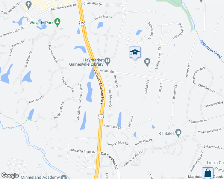 map of restaurants, bars, coffee shops, grocery stores, and more near 5685 Caribbean Court in Haymarket
