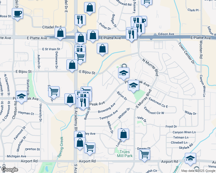 map of restaurants, bars, coffee shops, grocery stores, and more near 4202 East Pikes Peak Avenue in Colorado Springs