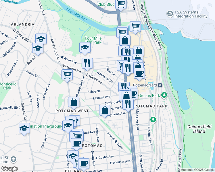 map of restaurants, bars, coffee shops, grocery stores, and more near 208 West Glebe Road in Alexandria