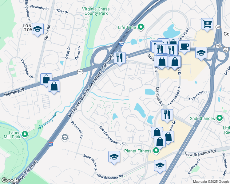 map of restaurants, bars, coffee shops, grocery stores, and more near 14470 Golden Oak Road in Centreville