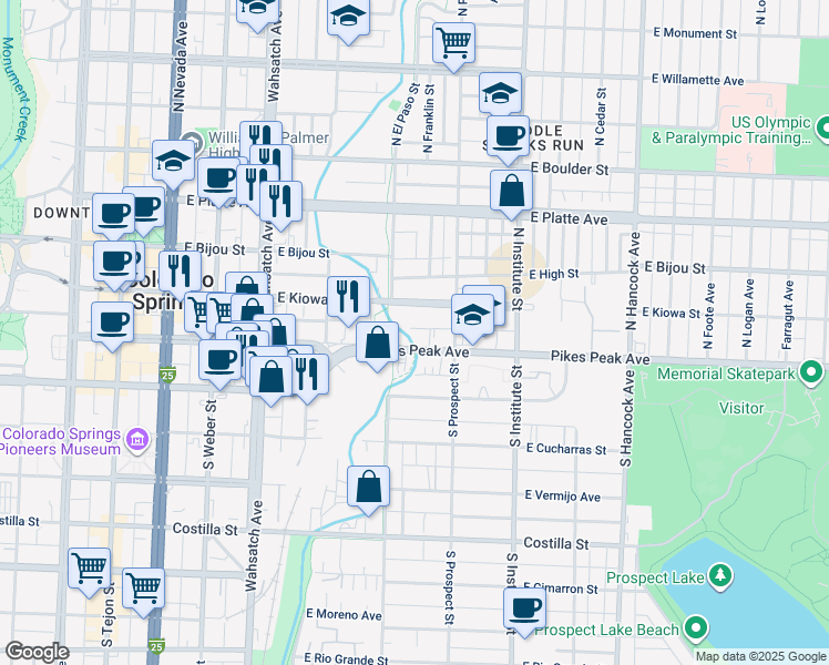 map of restaurants, bars, coffee shops, grocery stores, and more near 710 East Pikes Peak Avenue in Colorado Springs