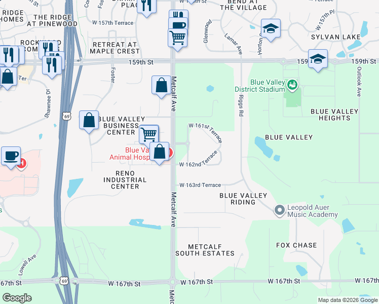 map of restaurants, bars, coffee shops, grocery stores, and more near 16201 Travis Street in Overland Park
