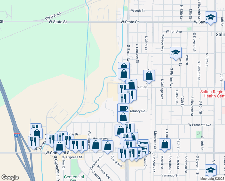 map of restaurants, bars, coffee shops, grocery stores, and more near 400 South Broadway Boulevard in Salina