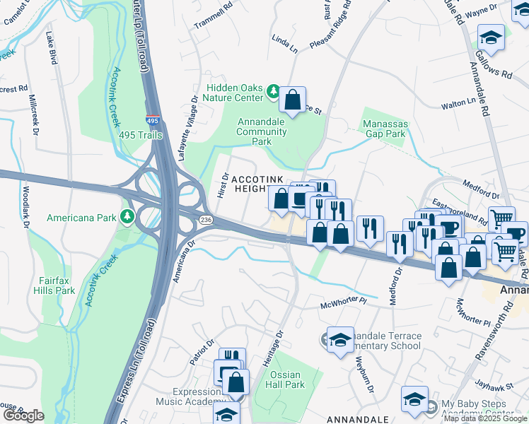 map of restaurants, bars, coffee shops, grocery stores, and more near 4068G Championship Drive in Annandale