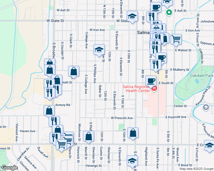 map of restaurants, bars, coffee shops, grocery stores, and more near 407 South 12th Street in Salina