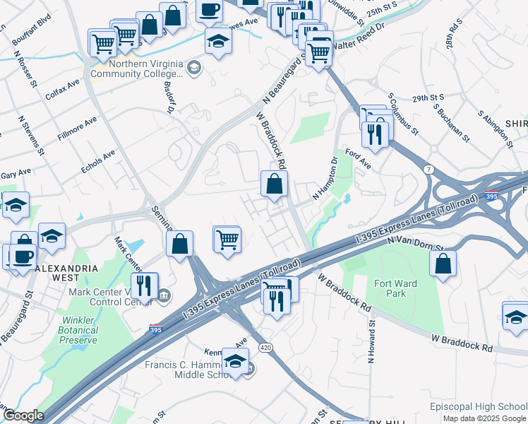 map of restaurants, bars, coffee shops, grocery stores, and more near 2331 Henshaw Place in Alexandria
