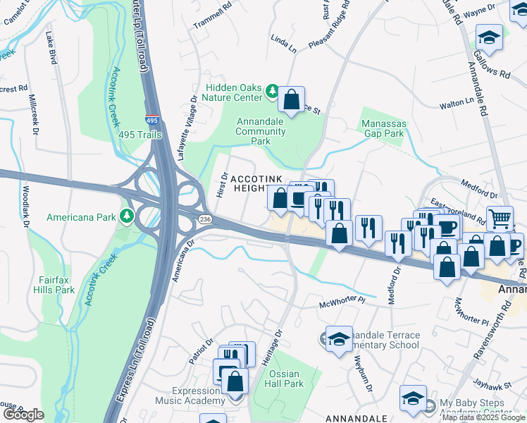 map of restaurants, bars, coffee shops, grocery stores, and more near 4068G Championship Drive in Annandale