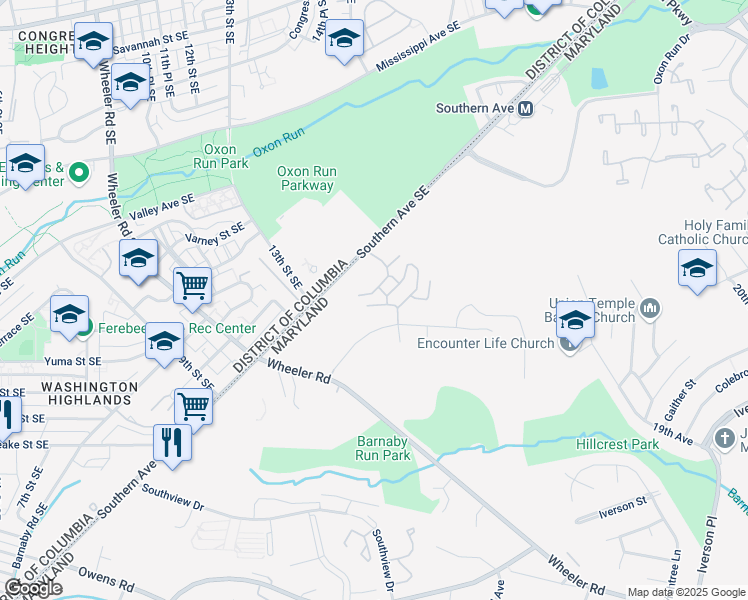 map of restaurants, bars, coffee shops, grocery stores, and more near 1439 Southern Avenue Southeast in Oxon Hill