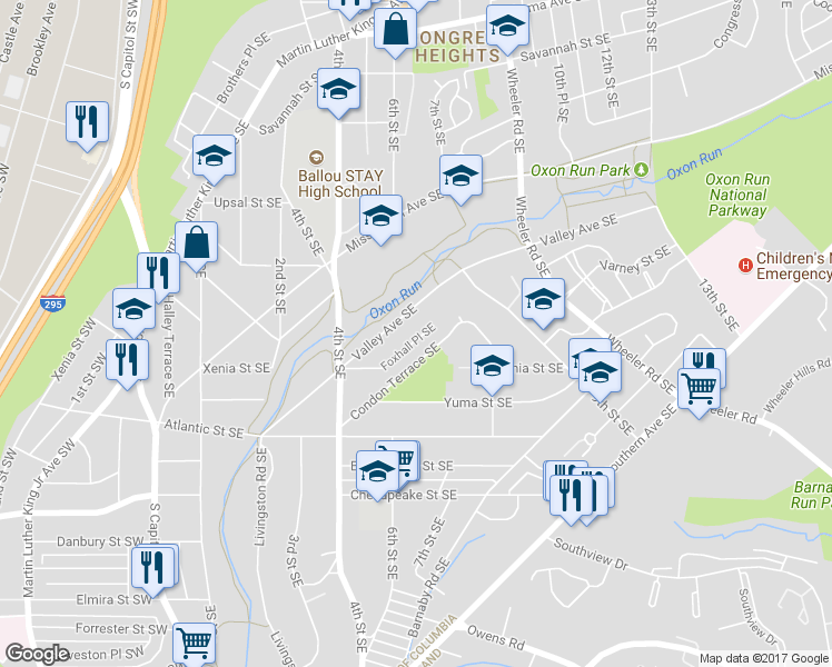 map of restaurants, bars, coffee shops, grocery stores, and more near 554 Foxhall Place Southeast in Washington