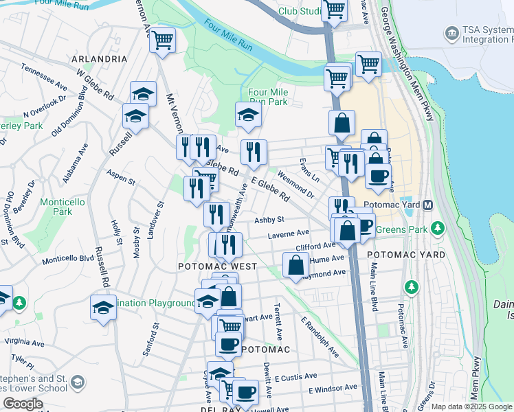 map of restaurants, bars, coffee shops, grocery stores, and more near 12 Auburn Court in Alexandria