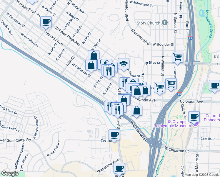 map of restaurants, bars, coffee shops, grocery stores, and more near 925 West Cucharras Street in Colorado Springs