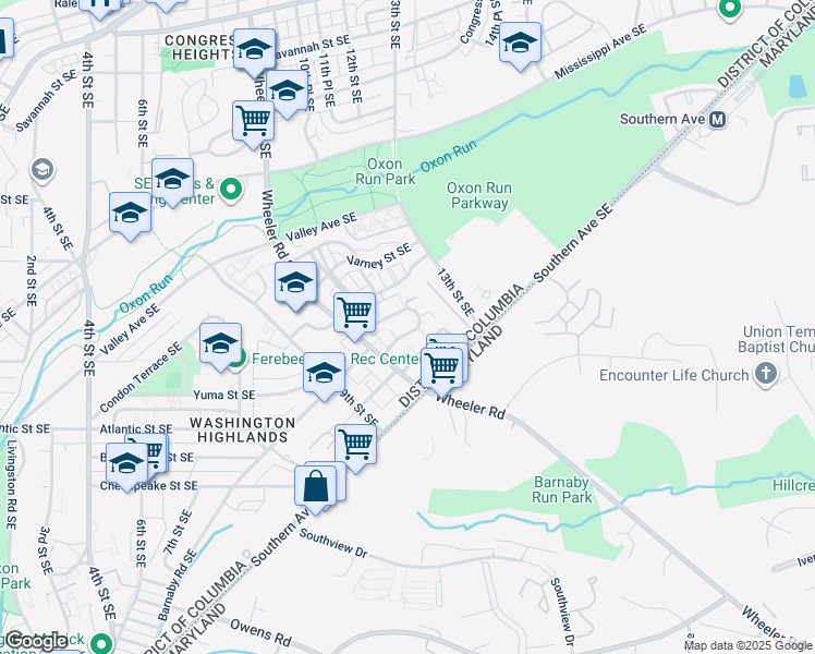 map of restaurants, bars, coffee shops, grocery stores, and more near 1373 Barnaby Terrace Southeast in Washington