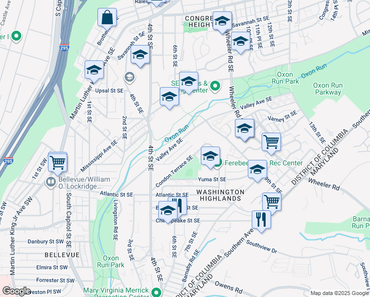 map of restaurants, bars, coffee shops, grocery stores, and more near 554 Foxhall Place Southeast in Washington