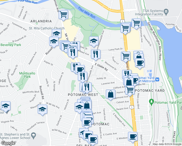 map of restaurants, bars, coffee shops, grocery stores, and more near 3313 Commonwealth Avenue in Alexandria