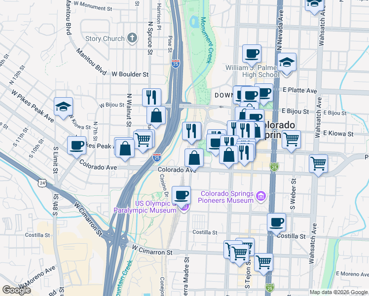 map of restaurants, bars, coffee shops, grocery stores, and more near 50 South Sierra Madre Street in Colorado Springs