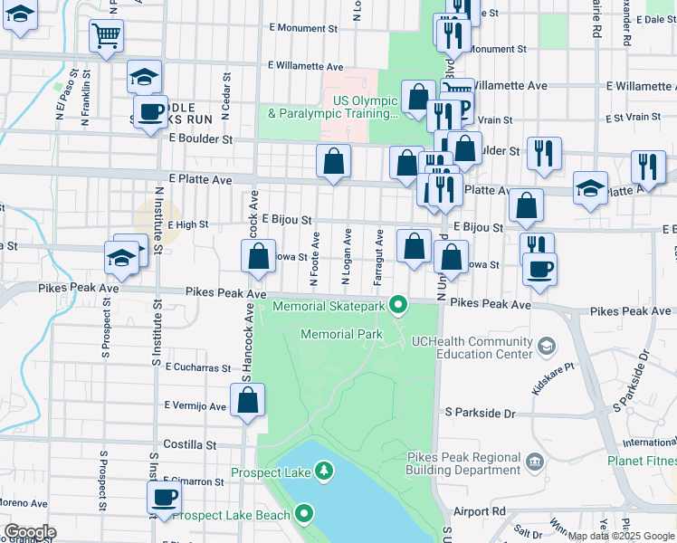 map of restaurants, bars, coffee shops, grocery stores, and more near 24 North Logan Avenue in Colorado Springs