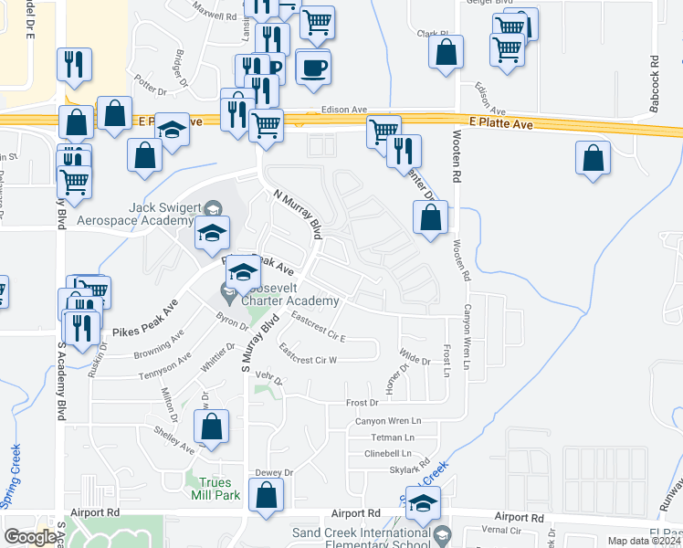 map of restaurants, bars, coffee shops, grocery stores, and more near 36 Stovel Circle in Colorado Springs