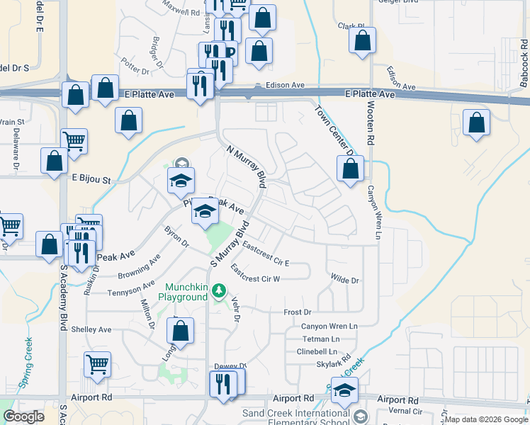 map of restaurants, bars, coffee shops, grocery stores, and more near 4467 East Pikes Peak Avenue in Colorado Springs