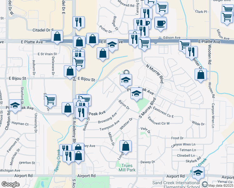 map of restaurants, bars, coffee shops, grocery stores, and more near 4205 East Pikes Peak Avenue in Colorado Springs