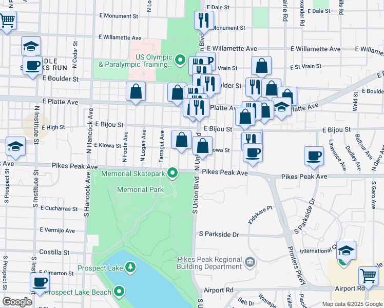 map of restaurants, bars, coffee shops, grocery stores, and more near 15 North Union Boulevard in Colorado Springs