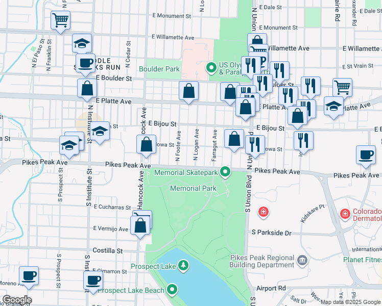 map of restaurants, bars, coffee shops, grocery stores, and more near 1502 East Pikes Peak Avenue in Colorado Springs