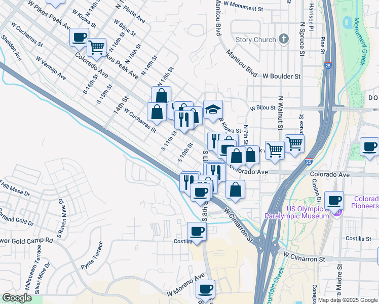 map of restaurants, bars, coffee shops, grocery stores, and more near 925 West Cucharras Street in Colorado Springs