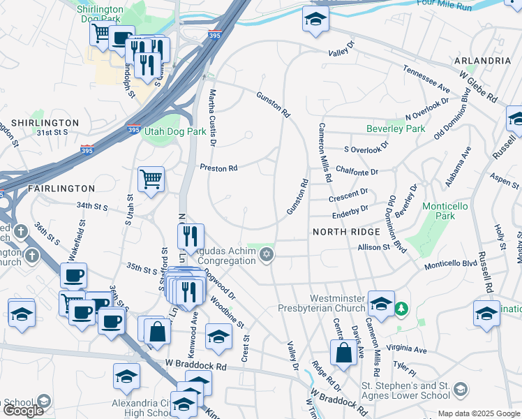 map of restaurants, bars, coffee shops, grocery stores, and more near 3228 Valley Drive in Alexandria