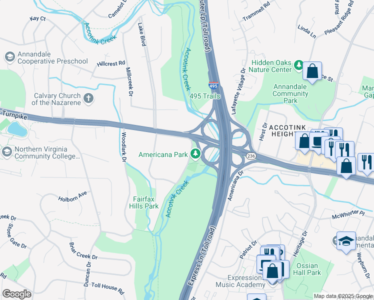 map of restaurants, bars, coffee shops, grocery stores, and more near 4104 Accotink Parkway in Annandale