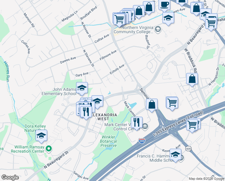map of restaurants, bars, coffee shops, grocery stores, and more near 1900 North Beauregard Street in Alexandria