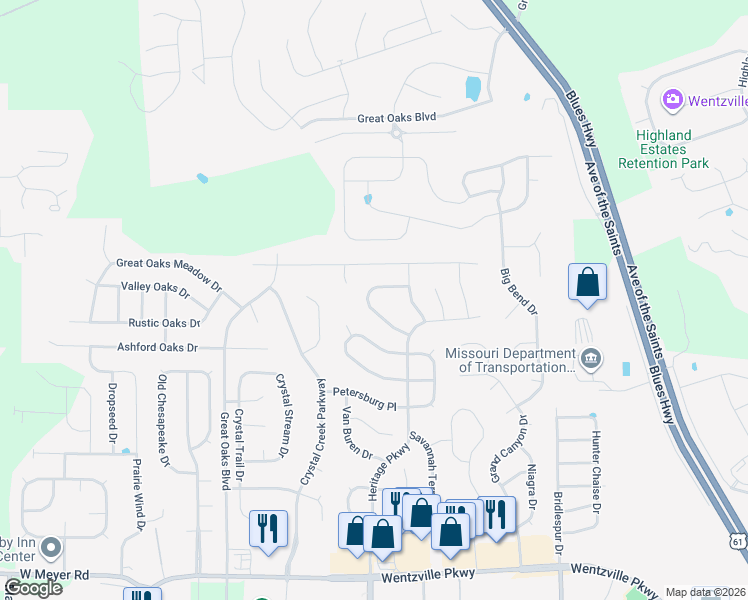 map of restaurants, bars, coffee shops, grocery stores, and more near 820 Railway Circle in Wentzville