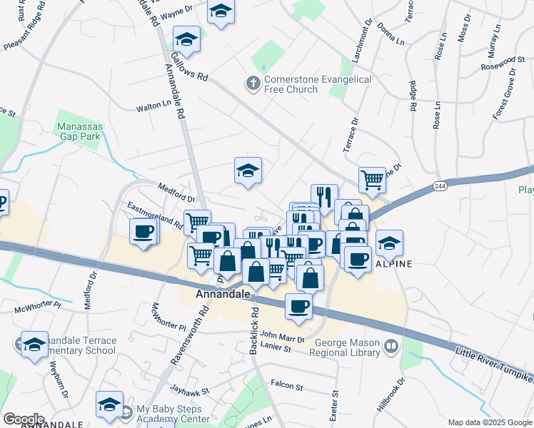map of restaurants, bars, coffee shops, grocery stores, and more near 4118 Mangalore Drive in Annandale