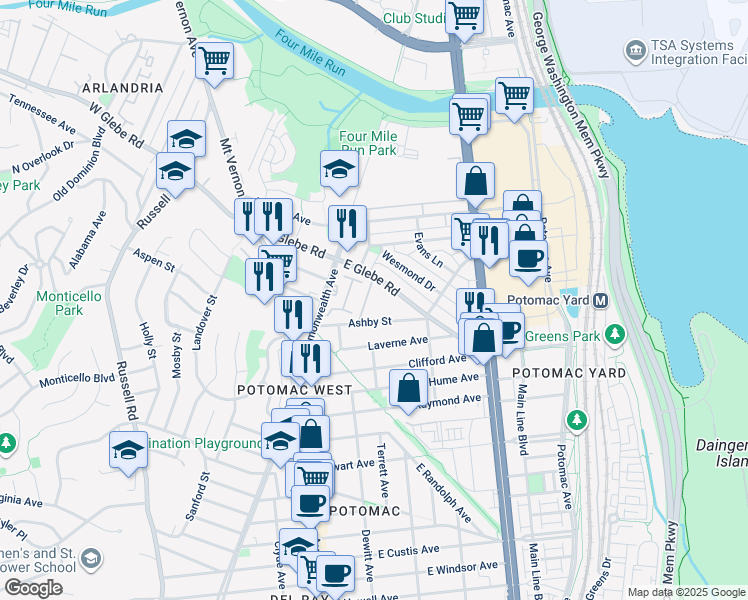 map of restaurants, bars, coffee shops, grocery stores, and more near 11 Auburn Court in Alexandria