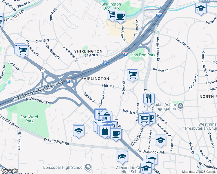 map of restaurants, bars, coffee shops, grocery stores, and more near 4528 34th Street South in Arlington