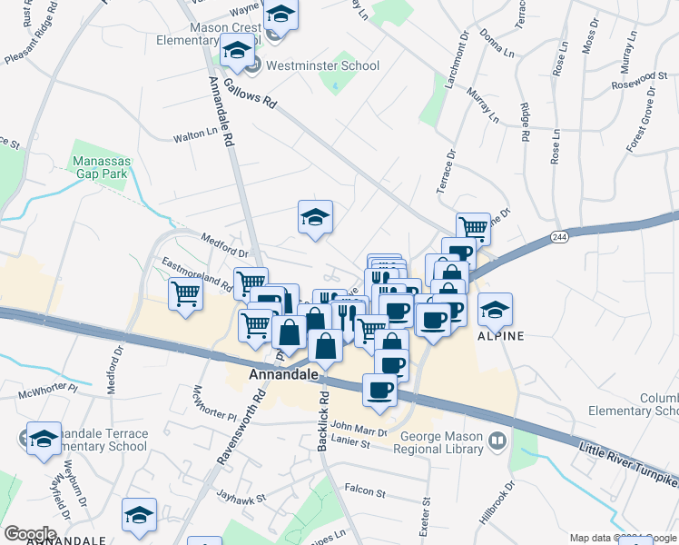 map of restaurants, bars, coffee shops, grocery stores, and more near 4118 Mangalore Drive in Annandale