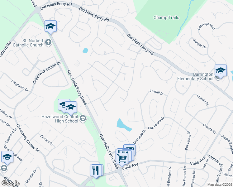 map of restaurants, bars, coffee shops, grocery stores, and more near 3846 Hope Haven Drive in Florissant