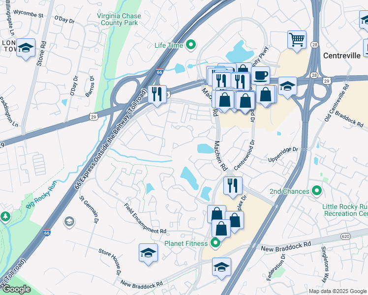 map of restaurants, bars, coffee shops, grocery stores, and more near 14317 Climbing Rose Way in Centreville
