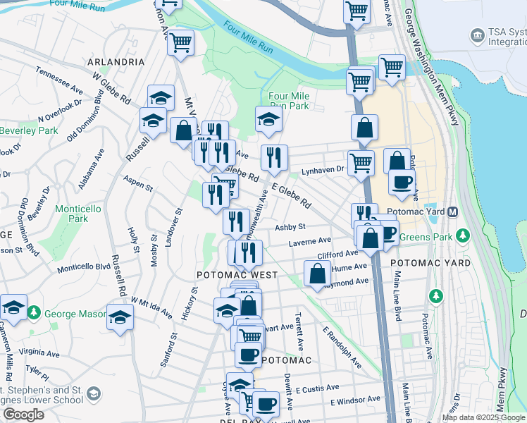 map of restaurants, bars, coffee shops, grocery stores, and more near 3307 Commonwealth Avenue in Alexandria