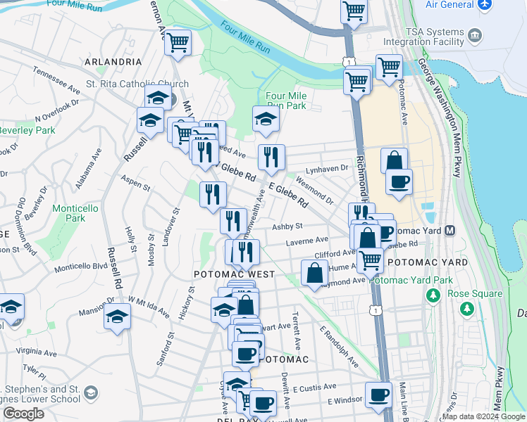 map of restaurants, bars, coffee shops, grocery stores, and more near 3309 Commonwealth Avenue in Alexandria