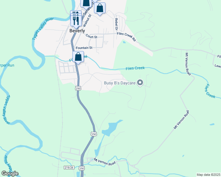 map of restaurants, bars, coffee shops, grocery stores, and more near Plum Drive in Beverly