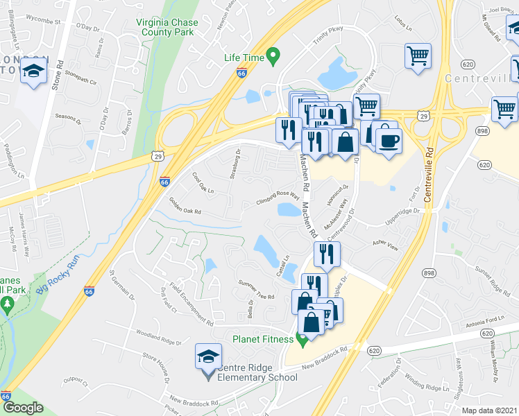 map of restaurants, bars, coffee shops, grocery stores, and more near 14317 Climbing Rose Way in Centreville